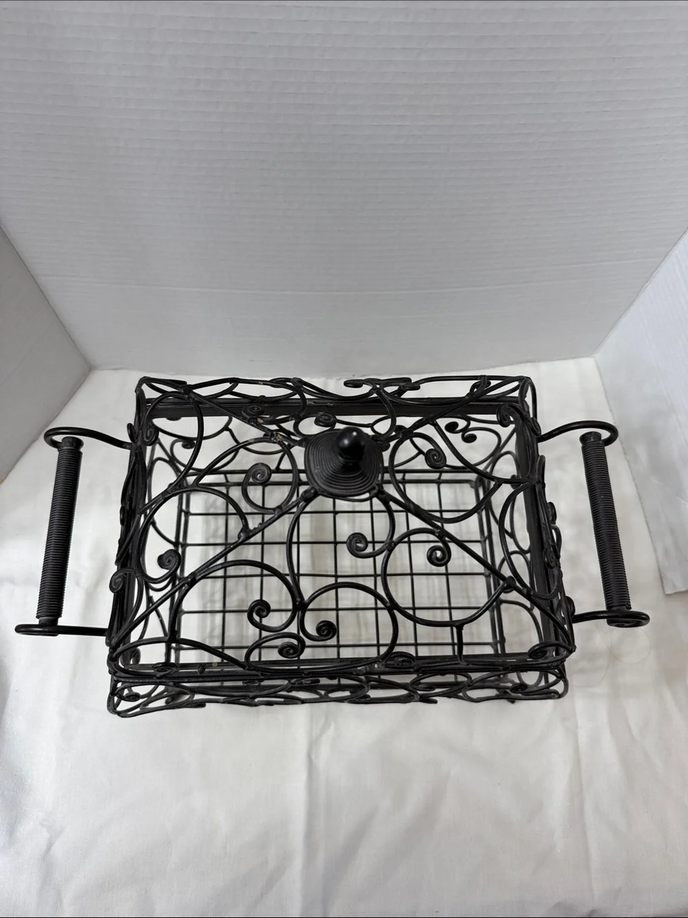 Vintage Wrought Iron Style Scrollwork Decorative Centerpiece Basket with Lid